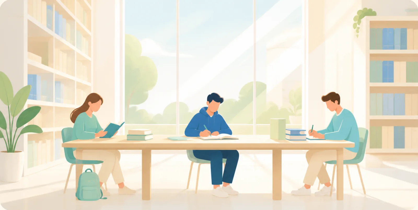 Illustration of students studying at a long table in a sunlit library