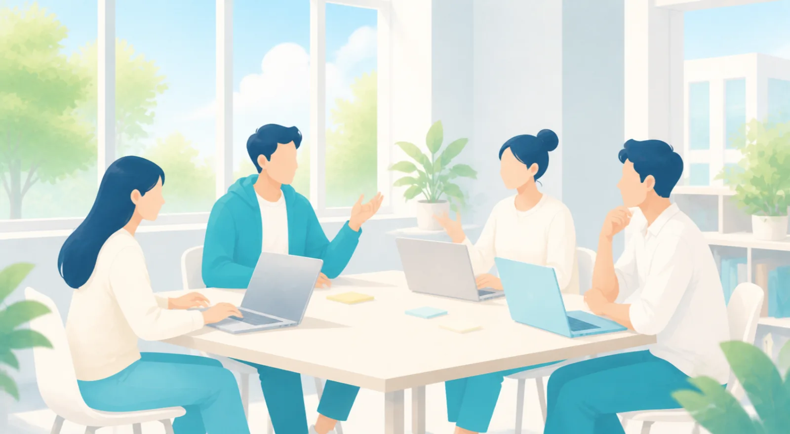 Illustration of a small team collaborating around a table with laptops